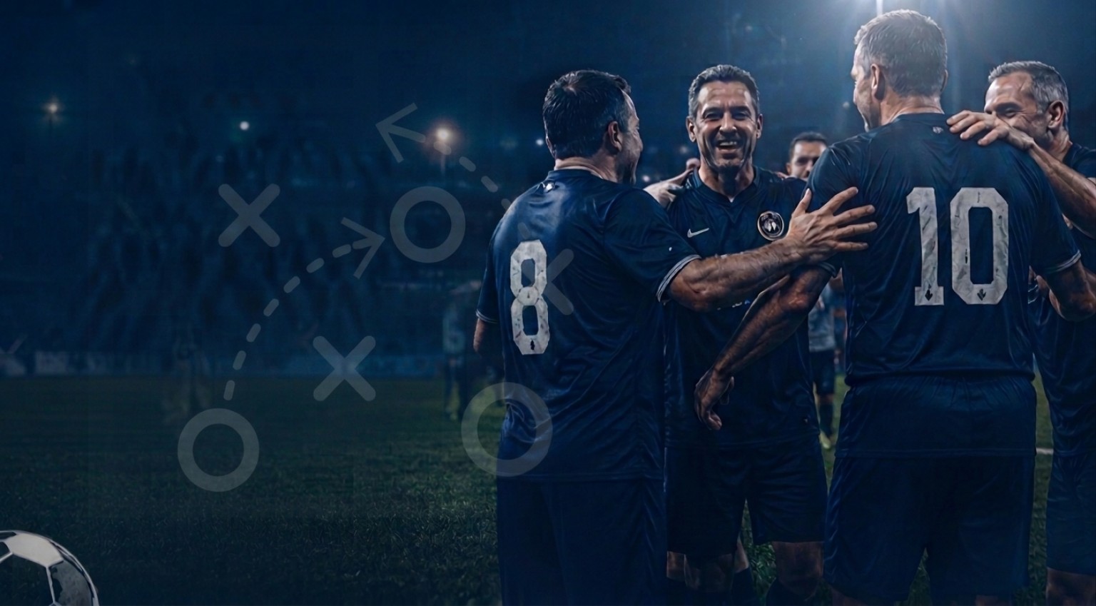 Jugadores veteranos celebrando en cancha de fútbol